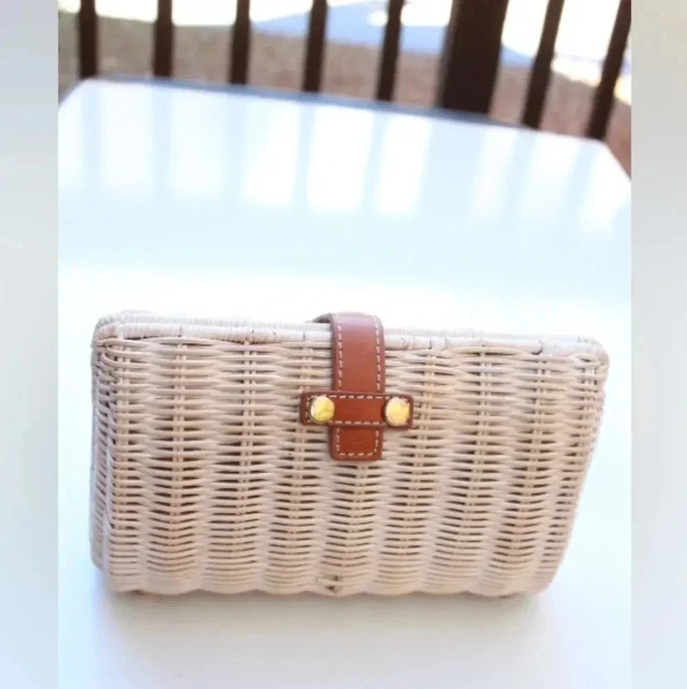 J. McLaughlin Cream Wicker Clutch with Tan Leather Strap